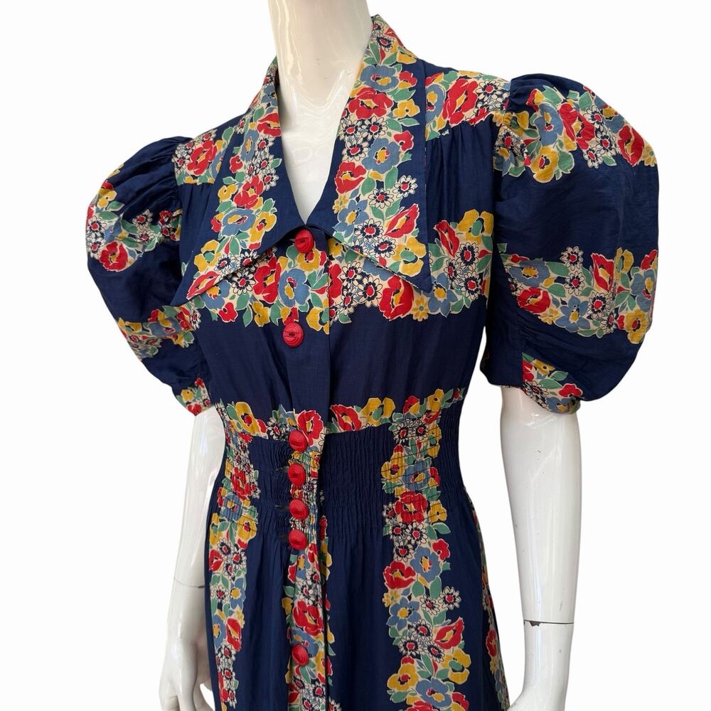 VTG 1940’s Extreme Puff Sleeve Maxi Dress Cotton Border Print Dagger Collar, L - Picture 14 of 14